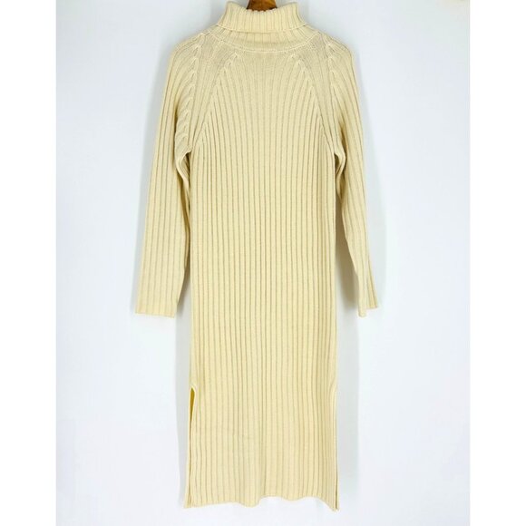 Doe & Rae Womens Cream Ribbed Long Sleeve Turtleneck Midi Sweater Dress Size M - Picture 2 of 8